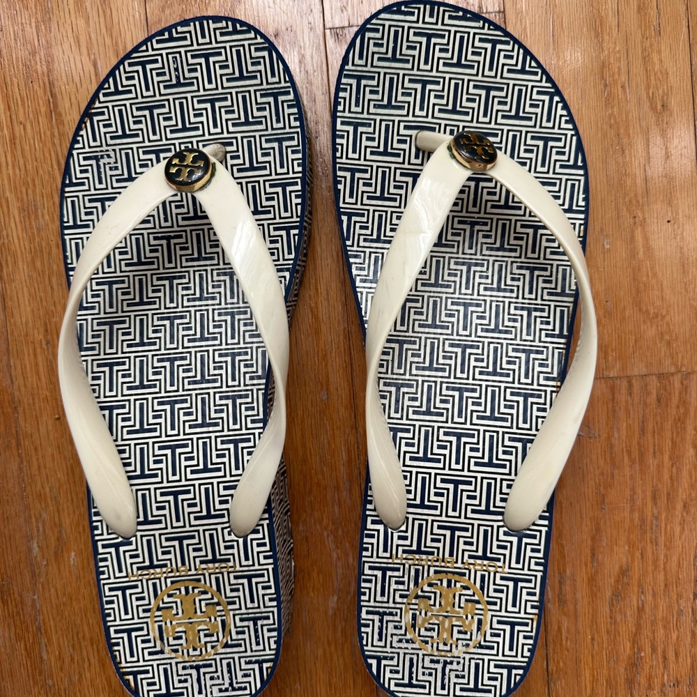 Tory Burch Navy and Cream Patterned wedge Sandals